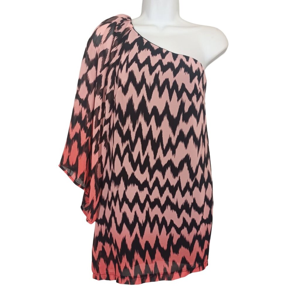 AUDREY 3+1 Tunic One Shoulder Pink Black Chevron Stripe Print Top Small